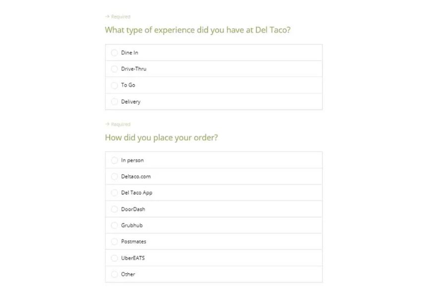 Del Taco Survey questions