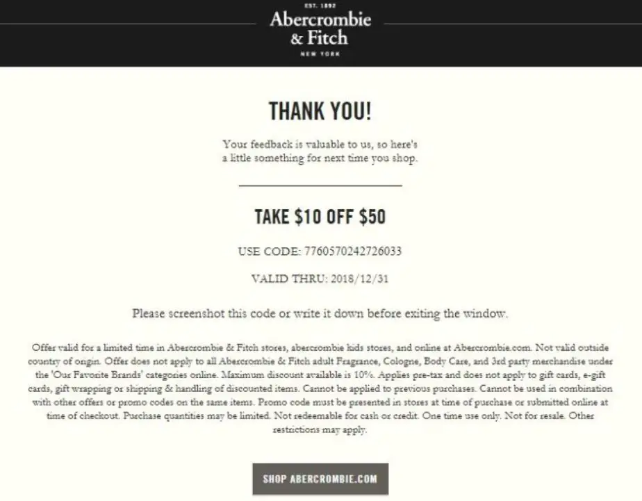 Abercrombie and Fitch Survey $10 Off