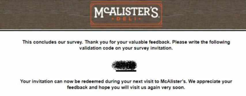 McAlister’s Survey validation code