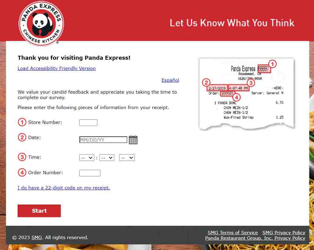 Panda Express Feedback Survey without survey code