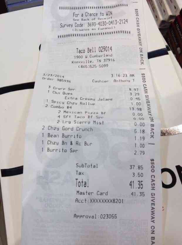 Taco Bell receipt