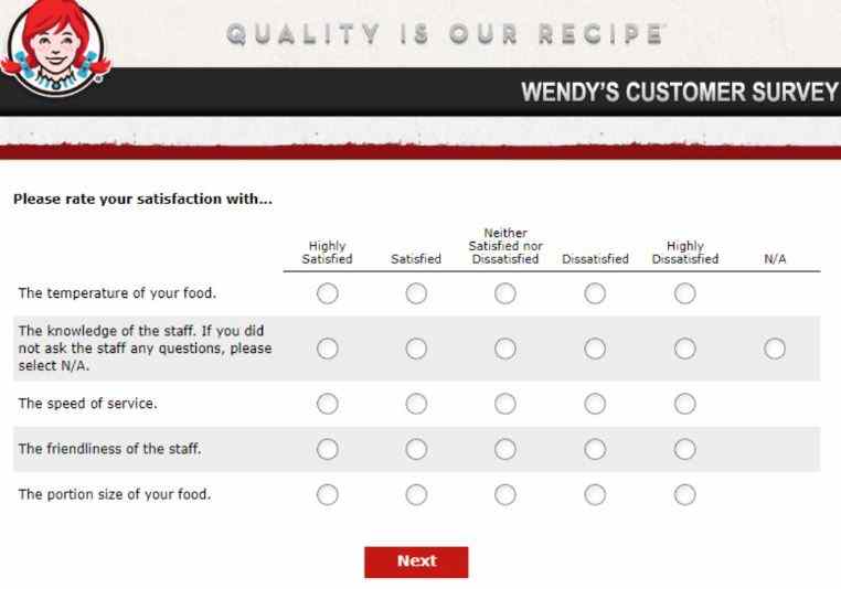 Wendys Survey questions