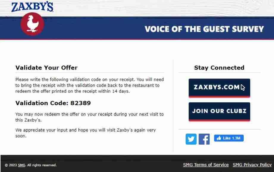 Zaxbys Survey validation code