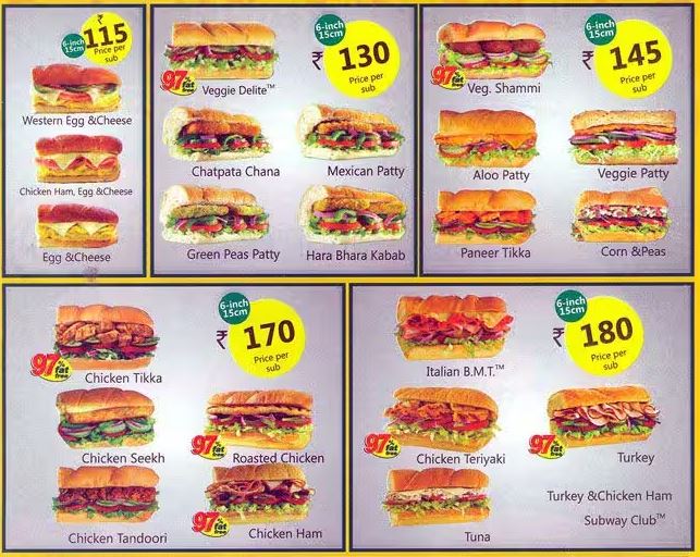 Subway India menu prices