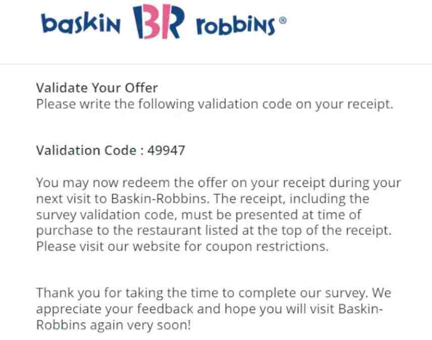 Baskin Robbins Survey Code